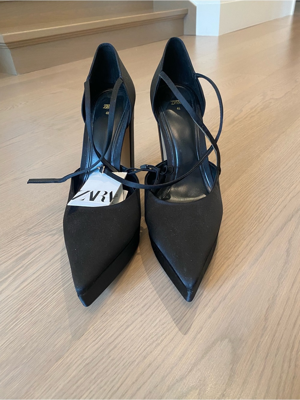 New Zara Black Pointed Lace-Up Women's Platform Heels Size 10